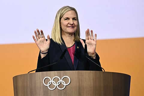 Zimbabwean candidate for the presidency of the International Olympic Committee (IOC) Kirsty Coventry delivers a speech after being elected urging the 144th IOC Session on the day of the election of the next President of the International Olympic Committee, in Costa Navarino, Greece on March 20.