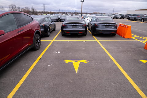 The logo of a Tesla dealership in a parking spot on March 20, 2025 in Hamilton, Canada.