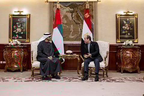 President His Highness Sheikh Mohamed bin Zayed Al Nahyan meets with Egyptian President Abdel Fattah Al Sisi in Cairo.