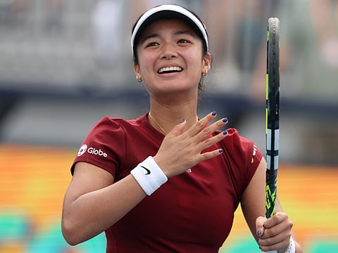 Alexandra Eala of Philippines celebrates her win against Madison Keys in Miami Open on Sunday.