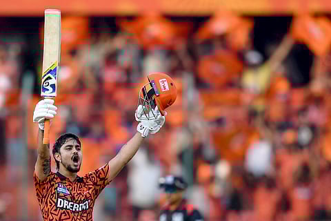 Sunrisers Hyderabad's Ishan Kishan celebrates his century during the Indian Premier League (IPL) Twenty20 cricket match against Rajasthan Royals at the Rajiv Gandhi International Stadium in Hyderabad on March 23.
