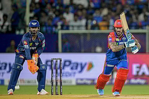 Delhi Capitals' Faf du Plessis in action Lucknow Super Giants' captain Rishabh Pant watches during the Indian Premier League (IPL) Twenty20 cricket match at the Y.S. Rajasekhara Reddy cricket stadium in Visakhapatnam on March 24.