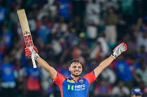 Delhi Capitals' Ashutosh Sharma celebrates after guiding his team to a thrilling one-wicket win against Lucknow Super Giants in Visakhapatnam on Monday.