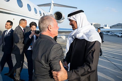 President His Highness Sheikh Mohamed bin Zayed Al Nahyan receives King Abdullah II, King of Jordan at Al Bateen Airport.
