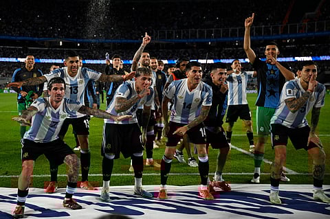 Argentina players celebrate after their rout of Brazil in the 2026 FIFA World Cup South American qualifiers in Buenos Aires on Tuesday.