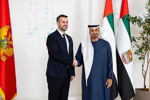 UAE President His Highness Sheikh Mohamed bin Zayed Al Nahyan with Milojko Spajić, Prime Minister of Montenegro.