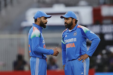 Rohit Sharma (c) of India and Virat Kohali of India during the 3rd ODI match between India and England held at the Narendra Modi Stadium, Ahmedabad, India on the 12th February 2025.