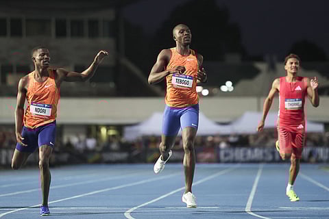 Botswana's Letsile Tebogo (C) wins the men's 400m event during the Maurie Plant Athletics Meet at Lakeside Stadium in Melbourne on March 29.