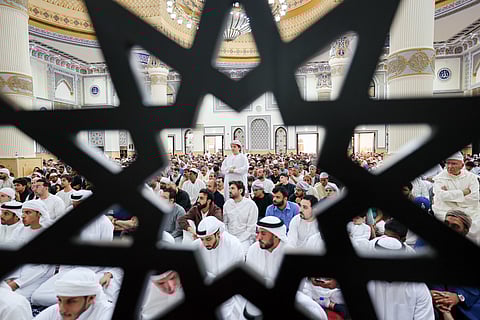 Residents offering Eid Al Fitr prayers at Al Farooq Omar bin Al Khattab Mosque in Dubai. File photo: Virendra Saklani/Gulf News.