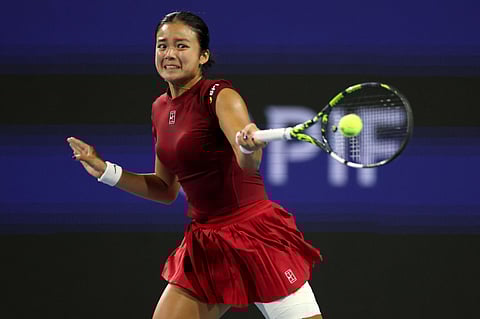 Alexandra Eala of Philippines returns a shot to Jessica Pegula of United States during the Miami Open at Hard Rock Stadium on March 27.