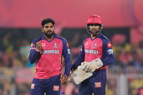 Wanindu Hasaranga (left) of Rajasthan Royals celebrating the wicket of Ruturaj Gaikwad of Chennai Super Kings during their Indian Premier League season 18 match in Guwahati on Sunday.