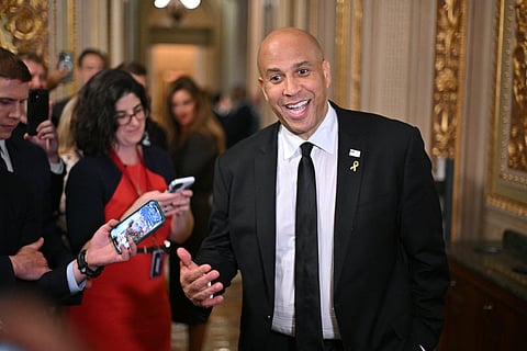 US Senator Cory Booker (D-NJ) speaks to the press at the US Capitol in Washington, DC on April 1, 2025.