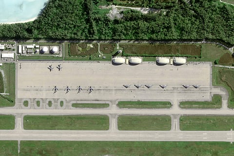 This satellite image released and taken on April 2, 2025 by Planet Labs PBC shows six American B-2 bomber planes on the tarmac of Mauritius' US military base on Diego Garcia island as well as 6 logistical Stratotanker aircrafts for in-flight refueling.