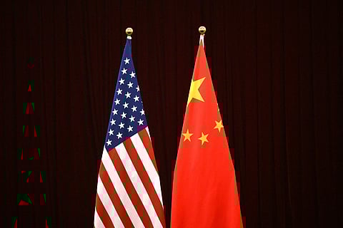 This photo shows a gerenal view of China's and USA's flags