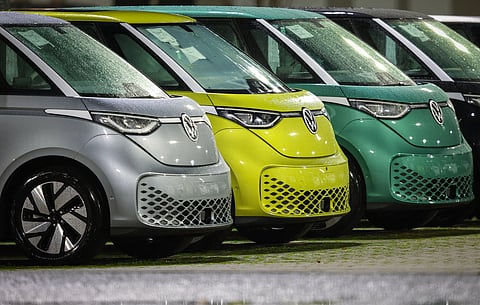VW ID Buzz vehicles, fully electric-driven microbus cars from Volkswagen Commercial Vehicles, are seen parked before delivery at the commercial vehicle plant of German car manufacturer Volkswagen (VW) in Hanover, northern Germany. File photo taken on December 20, 2024.