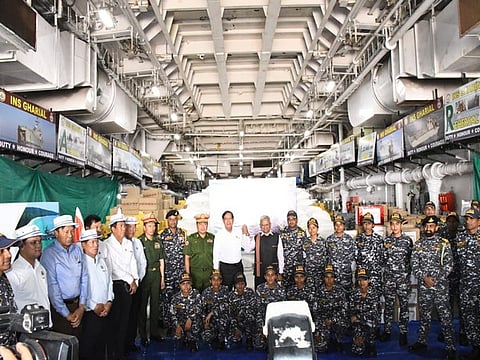 INS Gharial delivers Indian food aid to Thilawa Port in Myanmar.