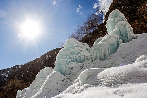 An artificial glacier built by local residents during winters to conserve water for the summers at Pari village in Kharmang district, in Pakistan's mountainous Gilgit-Baltistan region.