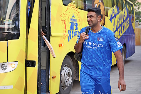 Ravichandaran Ashwin of Chennai Super Kings arrives for an Indian Premier League match in Season 18.