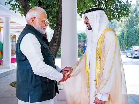 Shaikh Hamdan is welcomed by Indian Prime Minister Narendra Modi in New Delhi.