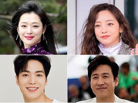South Korean idols are often scouted at a young age and undergo years of strict training under contracts that often limit their freedom.
Clockwise from top, left: Sulli; Goo Hara; Kim Jonghyun; Lee Sun-kyun.