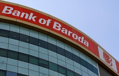 A Bank of Baroda signboard is seen outside one of the lender's branches in Mumbai, India. The bank has agreed to pay $600 million to settle litigation linked to the collapse of UAE healthcare company NMC Health.