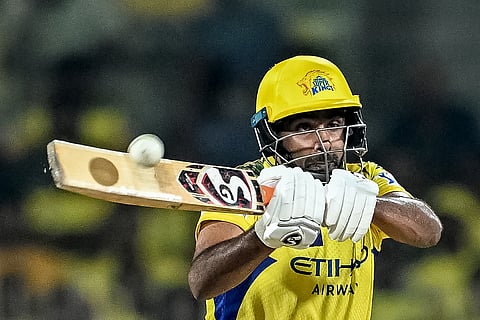 Chennai Super Kings' Ravichandran Ashwin plays a shot during the Indian Premier League (IPL) Twenty20 cricket match between Chennai Super Kings and Kolkata Knight Riders at the MA Chidambaram Stadium in Chennai on April 11, 2025.