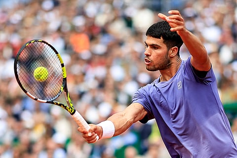 Spain's Carlos Alcaraz plays a backhand return to Spain's Alejandro Davidovich Fokina during the Monte Carlo ATP Masters Series Tournament semi-final tennis match.