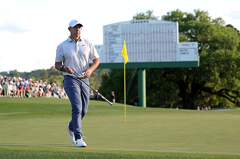 Rory McIlroy of Northern Ireland walks on the 18th hole during the third round of the 2025 Masters Tournament at Augusta National Golf Club on April 12 in Augusta, Georgia.