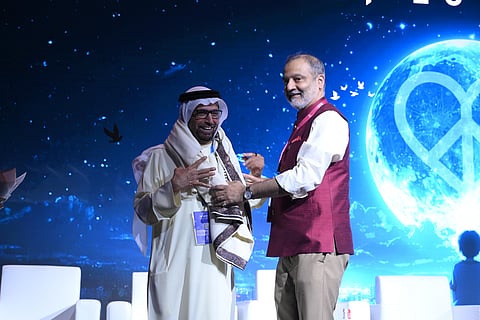 Dr Ali Rashid Al Nuaimi and Dr Huzaifa Khorakiwala at the opening session of Global Justice, Love & Peace summit in Dubai on Saturday