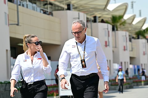 Formula One CEO Stefano Domenicali arrives at the circuit for the third practice session ahead of the Bahrain Formula One Grand Prix at the Bahrain International Circuit in Sakhir on April 12, 2025.