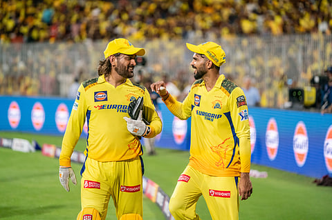 MS Dhoni of Chennai Superkings and Ruturaj Gaikwad (c) of Chennai Superkings during match 46 of the Indian Premier League season 17 (IPL 2024) against Sunrisers Hyderabad held at the MA Chidambaram Stadium, Chennai on the 28th April 2024.