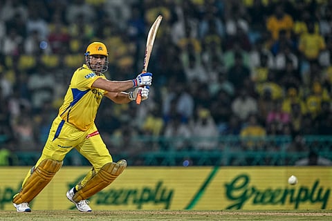 Chennai Super Kings' captain MS Dhoni plays a shot during the Indian Premier League (IPL) Twenty20 cricket match between Lucknow Super Giants and Chennai Super Kings at the Ekana Cricket Stadium in Lucknow on April 14, 2025.
