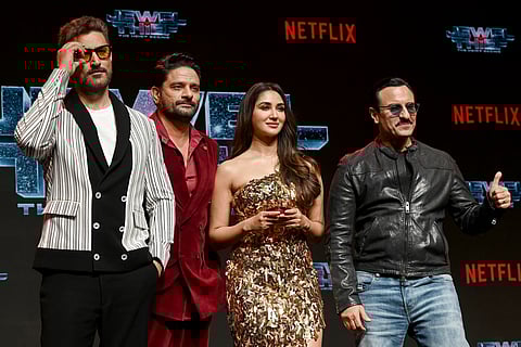 Bollywood actors Kunal Kapoor (L), Jaideep Ahlawat (2L), Nikita Dutta (2R) and Saif Ali Khan attend the trailer launch of their Netflix Indian Hindi-language action thriller film ‘Jewel Thief – The Heist Begins’ in Mumbai on April 14, 2025.