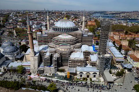 Scaffolds installed on the Hagia Sophia Grand Mosque in Istanbul.