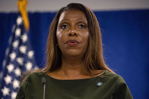 New York Attorney General Letitia James speaks during a press conference regarding former US President Donald Trump and his family's financial fraud case on September 21, 2022 in New York.