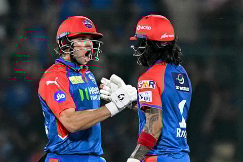 Delhi Capitals' Tristan Stubbs celebrates with KL Rahul after hitting the winning six against Rajasthan Royals in the Super Over on Wednesday.