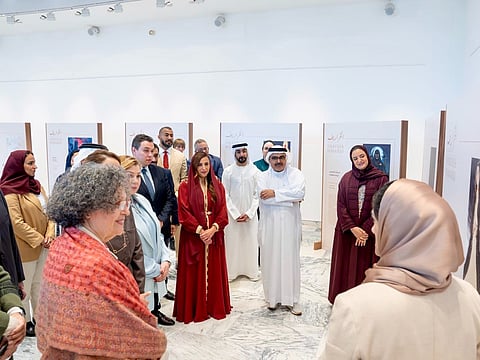 Sheikha Bodour bint Sultan Al Qasimi and other delegates at the “Folktales Reimagined” exhibition at the National Library of the Kingdom of Morocco.