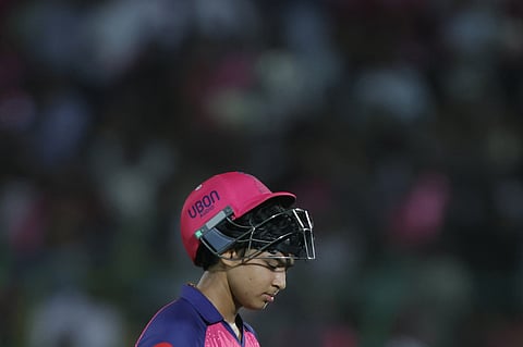 Vaibhav Suryavanshi of Rajasthan Royals walks back after being brilliantly stumped by Rishabh Pant off Aiden Markram in the Indian Premier League Season 18 in Jaipur on Saturday.