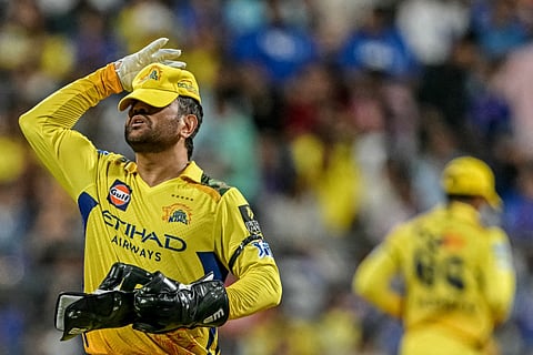 Chennai Super Kings' skipper Mahendra Singh Dhoni wears a dejected look during the IPL Season 18 match against Mumbai Indians at Wankhede Stadium on Sunday.