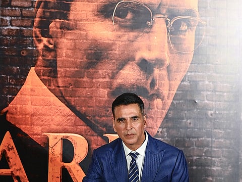 Bollywood actor Akshay Kumar poses for a photograph as he attends the press conference of his upcoming movie 'Kesari Chapter 2' in Mumbai on April 11, 2025.