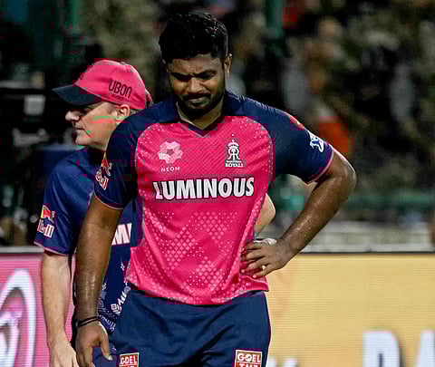 Rajasthan Royals' skipper Sanju Samson in pain after retiring out against Delhi Capitals in the Indian Premier League Season 18.