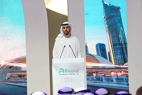 Omar Sultan Al Olama, Minister of State for Artificial Intelligence, Digital Economy and Remote Work Applications, and Deputy Managing Director of Dubai Future Foundation, speaks during the opening day of the inaugural Dubai AI Week.