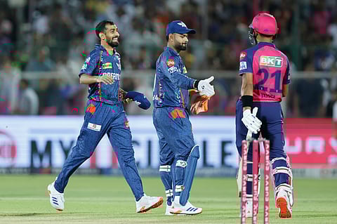 Lucknow Super Giants skipper Rishabh Pant shaking hands with Dhruv Jurel after winning the match in the IPL Season 18 last Saturday.