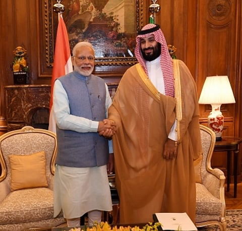Modi and Saudi Arabia's Crown Prince Mohammed bin Salman in a file photo. Modi embarks on a two-day visit to Saudi Arabia.