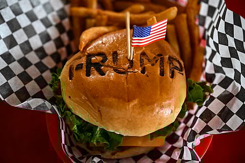 A burger at Trump Burger restaurant, in Bellville, Texas, on April 19, 2025.