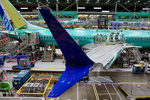 A Boeing 737 MAX aircraft is assembled at the Boeing Renton Factory in Renton, Washington, on June 25, 2024.
