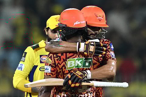 Sunrisers Hyderabad's Nitish Kumar Reddy (R) and Kamindu Mendis celebrate their win at the end of the Indian Premier League (IPL) Twenty20 cricket match against Chennai Super Kings at the MA Chidambaram Stadium in Chennai on April 25.