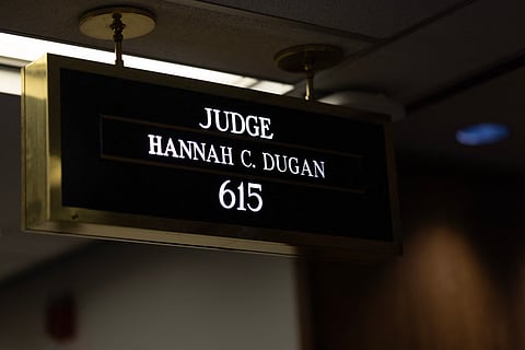 A sign hangs above the courtroom of Milwaukee County Circuit Judge Hannah Dugan in the Milwaukee County Courthouse.
