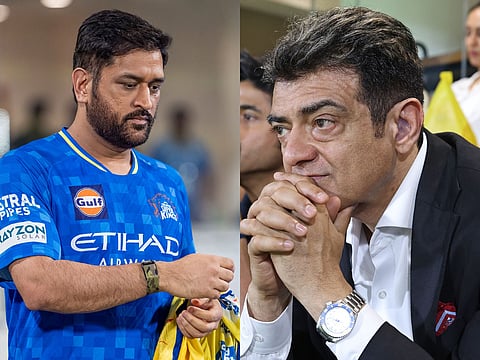 Chennai Super Kings' skipper Mahendra Singh Dhoni, who made his landmark 400th Twenty20 appearance, watched by actor Ajith Kumar at Chepauk on Friday.