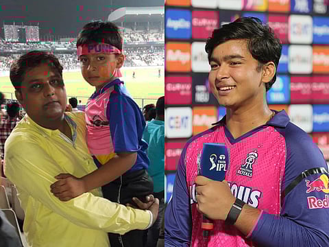 Vaibhav Suryavanshi carried by his father while watching an IPL match in 2017 while the Rajasthan Royals' match-winner talks after claiming his Player of the Match award on Monday.